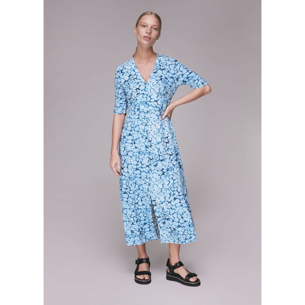 Whistles Button Front Midi Dress Blue Modest Size 6 English Countryside Feminine